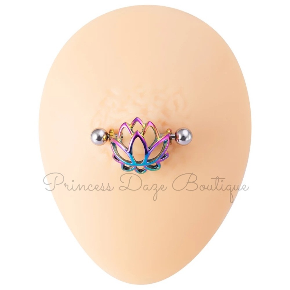 Rainbow Lotus Flower Nipple Ring Barbell Set Body Jewelry Piercing